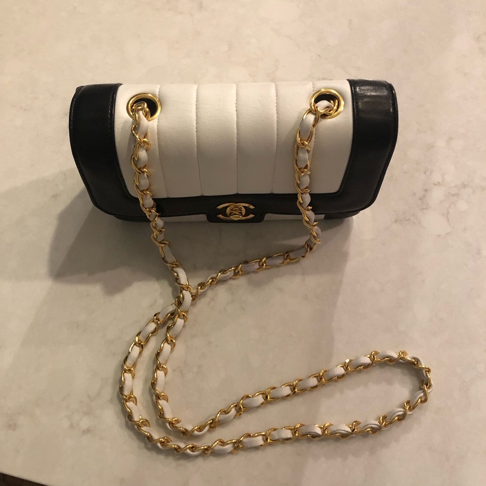 Vintage Chanel Mini Mademoiselle Bag Black and White Lambskin Gold Hardware - Picture 10 of 17